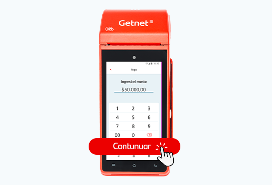 Terminal roja de Getnet mostrando pantalla para ingresar monto y botón Continuar resaltado con icono de clic.