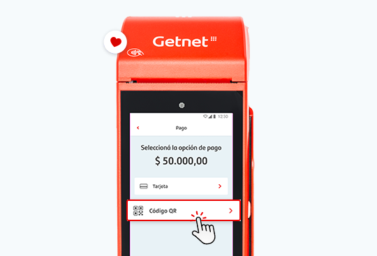 Terminal roja de Getnet mostrando opción de pago con botón de Código QR señalado por un icono de clic.