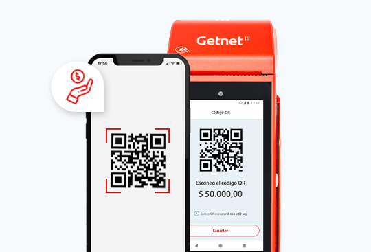 Terminal roja de Getnet mostrando código QR mientras un celular lo escanea en primer plano.