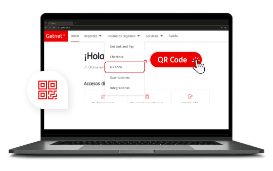 Laptop mostrando el Getnet Portal con la sección QR Code seleccionada y un botón rojo resaltado con icono de clic.