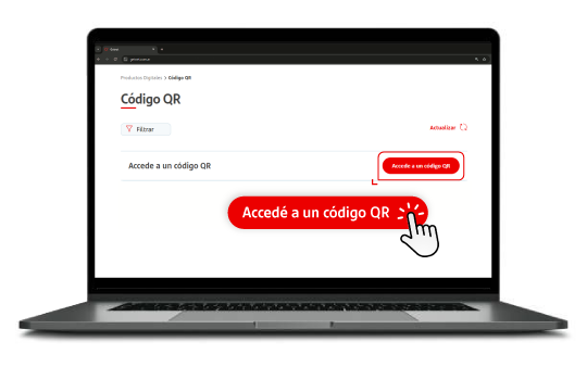 Laptop mostrando la sección Código QR del Getnet Portal con el botón ‘Accedé a un código QR’ resaltado por un icono de clic.
