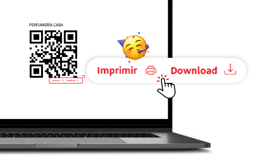 Laptop mostrando un código QR junto a los botones de Imprimir y Download resaltados con un icono de clic.