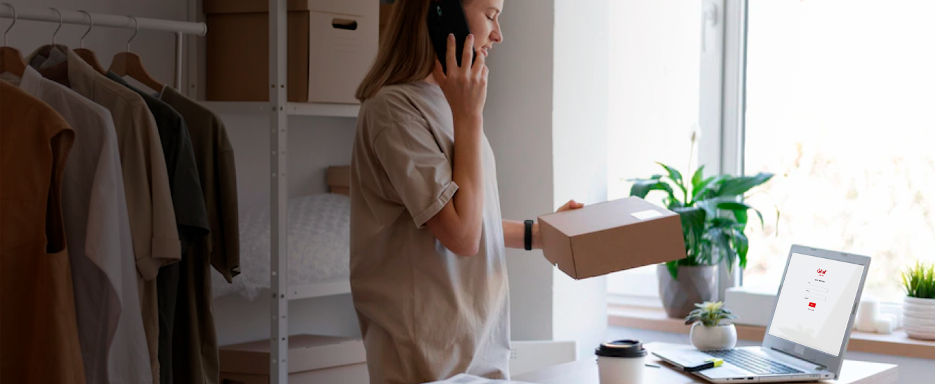 Persona sosteniendo una caja frente a una laptop sobre escritorio, con perchero con ropa y estantería con cajas al fondo
