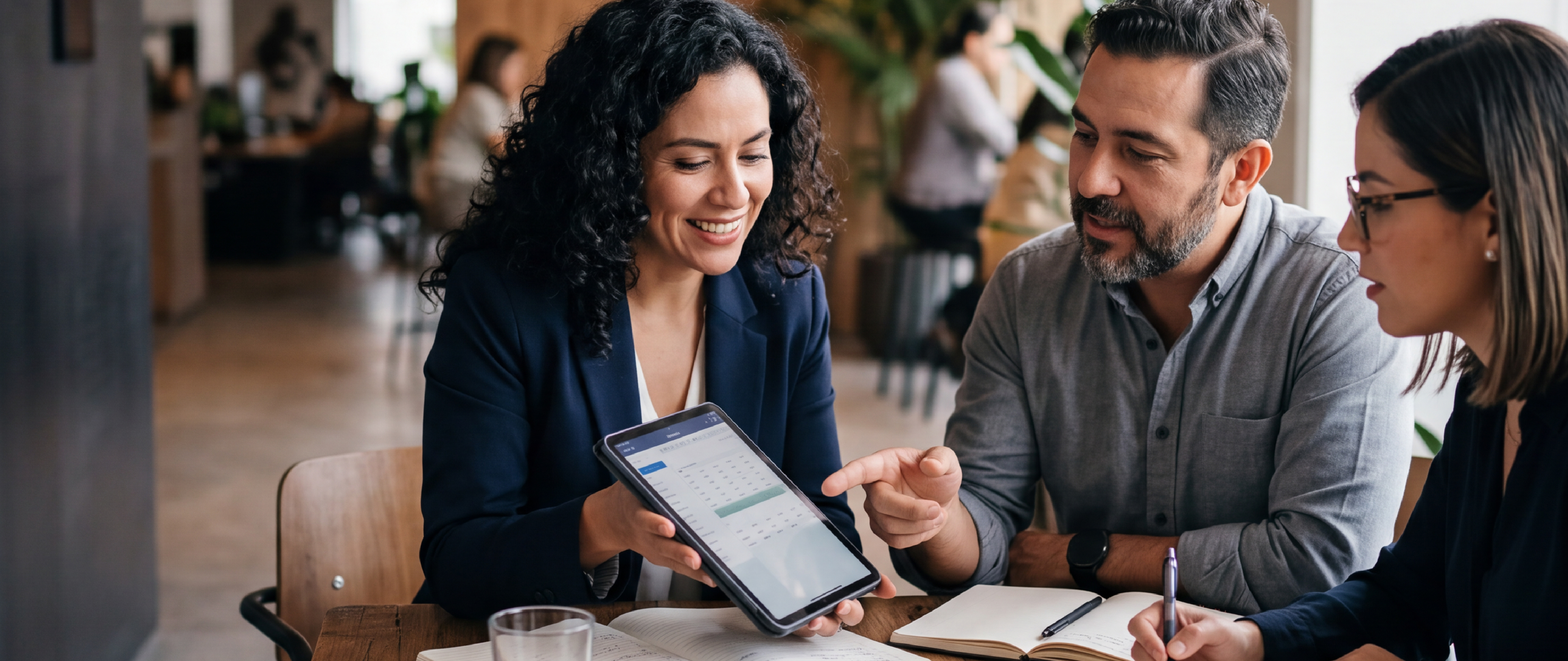 Asesora mostrando información en una tablet a dos personas durante una reunión en un comercio.