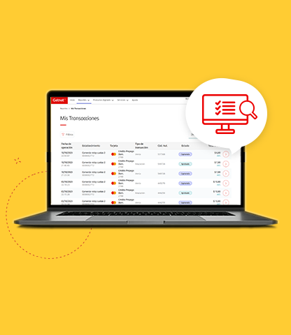 Laptop mostrando el Getnet Portal en la sección 'Mis transacciones', con listado de operaciones y montos. Sobre fondo amarillo, aparece un ícono rojo de monitor con lista y lupa dentro de un globo.