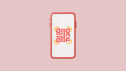 Ilustración de un teléfono móvil con marco rojo sobre fondo rosado, mostrando un código QR estilizado en tonos naranja y rojo en la pantalla.