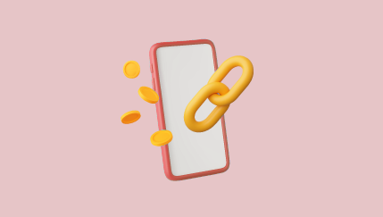 Ilustración de un teléfono móvil con marco rojo sobre fondo rosado, acompañado de un ícono de enlace amarillo y varias monedas doradas flotando.