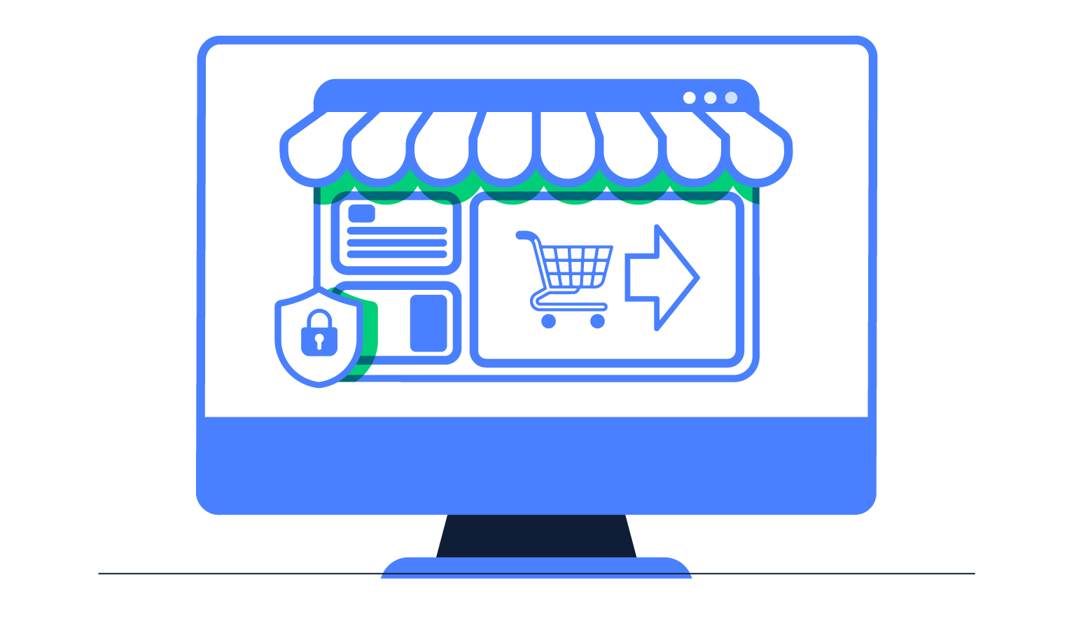 Ilustración de una computadora mostrando una tienda online con ícono de carrito de compras, flecha de pago y un escudo de seguridad, todo en la misma pantalla.
