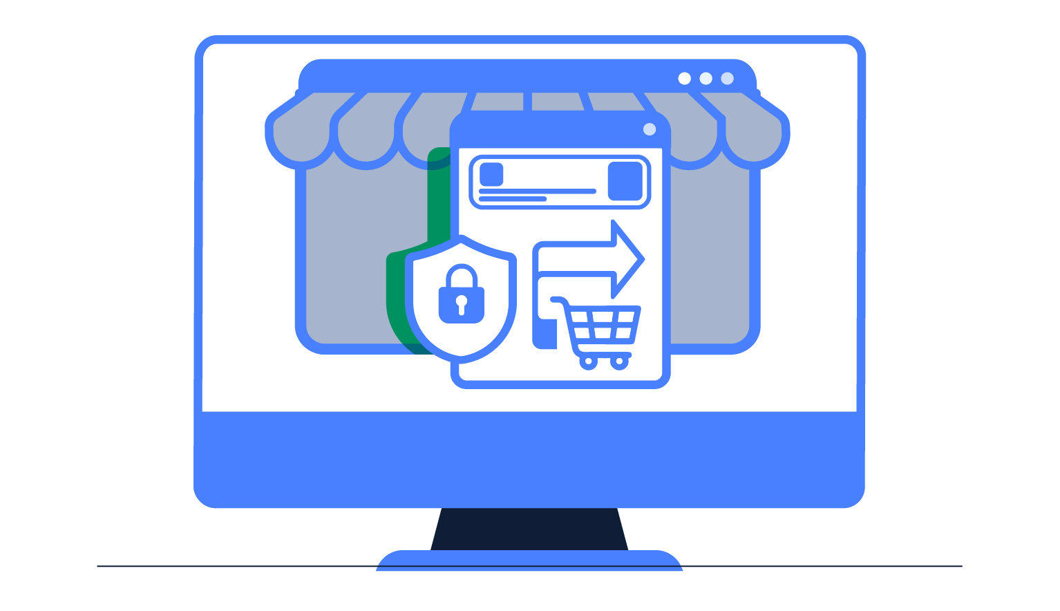 Ilustración de una computadora mostrando una tienda online con un pop-up con ícono de carrito de compras, flecha de pago y un escudo de seguridad.