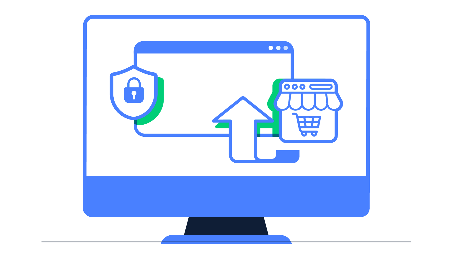 Ilustración de una computadora mostrando una tienda online con otra ventana con ícono de carrito de compras, flecha de pago y un escudo de seguridad.