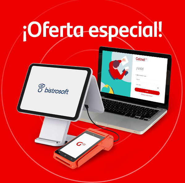 Terminal Get Smart POS roja con logo de Getnet, pantalla de Bistrosoft y laptop con Getnet Portal sobre fondo rojo con texto de oferta especial.