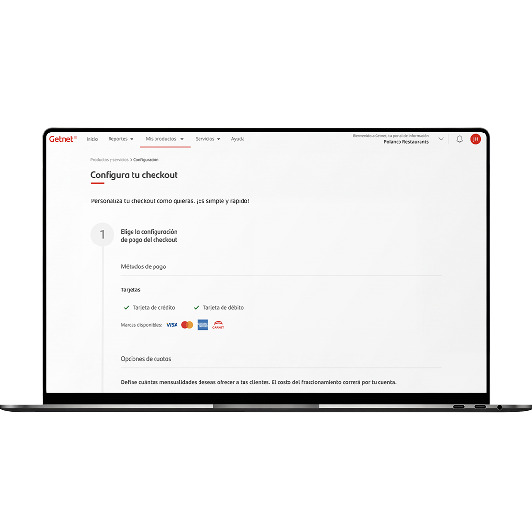 Notebook con Getnet Portal abierto mostrando la configuración de Get Checkout
