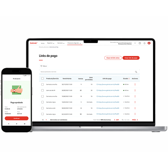 Getnet Portal abierto en una notebook junto a un celular, mostrando la gestión y confirmación de links de pago.