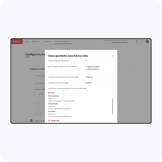 Pantalla de Getnet Portal mostrando la configuración de datos guardados para crear futuros links de pago.