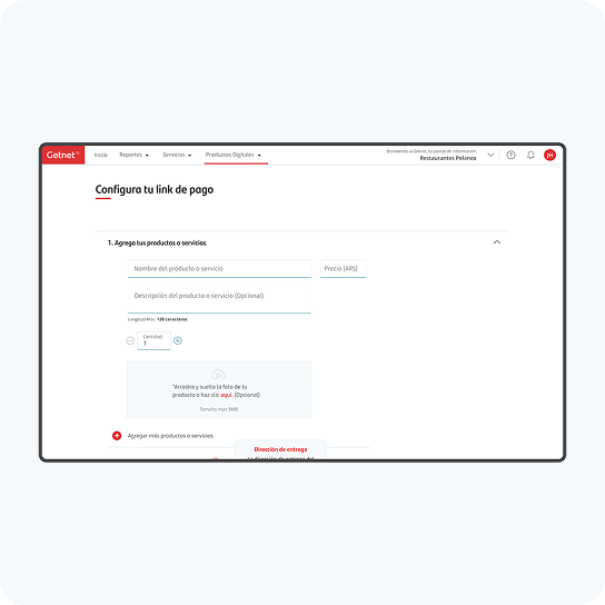 Getnet Portal mostrando los campos para agregar productos, precios, cantidades e imágenes para configurar un link de pago.