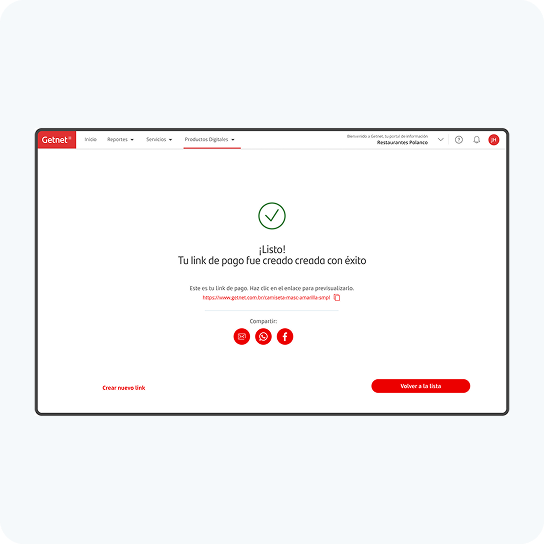 Pantalla de Getnet Portal confirmando la creación exitosa de un link de pago y mostrando las opciones para compartirlo.