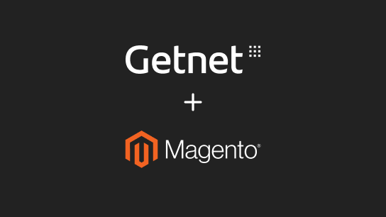 Logos de Getnet y Magento sobre fondo oscuro, unidos por un signo más como símbolo de integración.