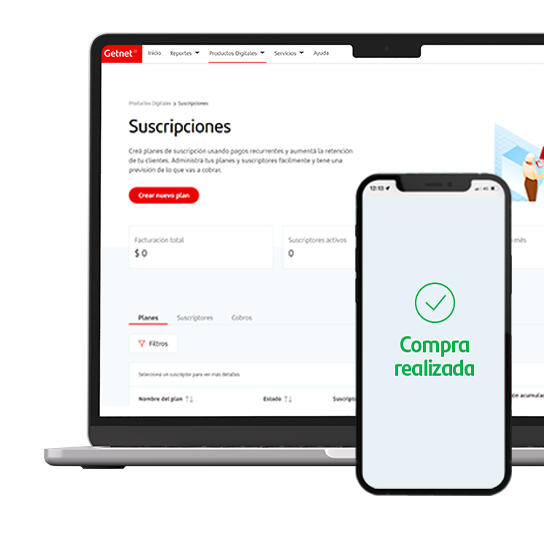 Getnet Portal en una notebook con la sección Suscripciones abierta, junto a un celular con una compra confirmada.