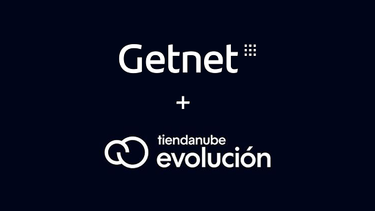 Logos de Getnet y Tiendanube Evolución sobre fondo oscuro, unidos por un signo más como símbolo de integración.