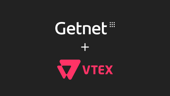 Logos de Getnet y VTEX sobre fondo oscuro, unidos por un signo más como símbolo de integración.
