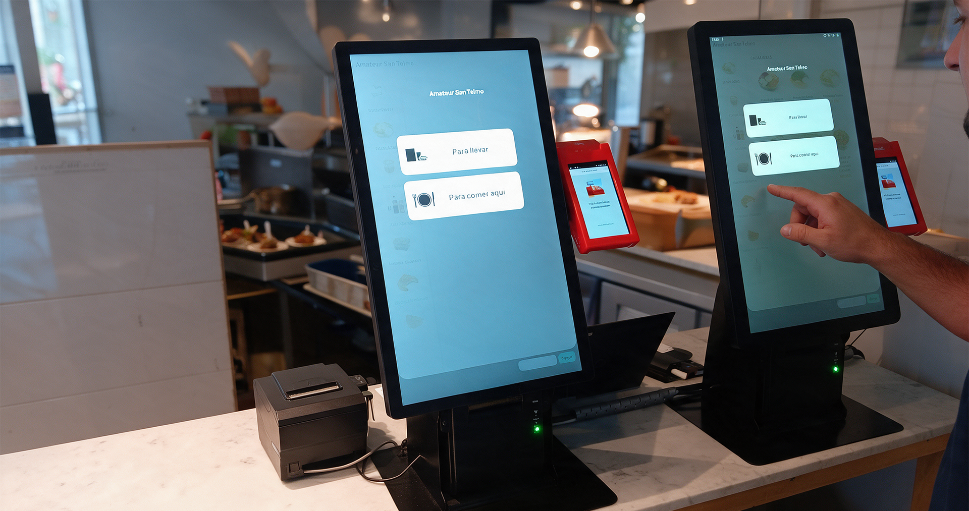 Persona utilizando un sistema de autogestión integrado con una terminal de cobro Getnet en un comercio gastronómico.