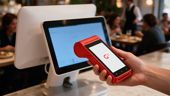 Persona utilizando una terminal de cobro Getnet integrada al sistema de gestión de un comercio gastronómico.