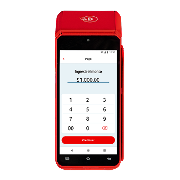 Terminal roja de Getnet mostrando pantalla para ingresar monto y continuar.