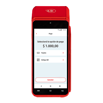 Terminal roja de Getnet mostrando opciones de pago: tarjeta o código QR.