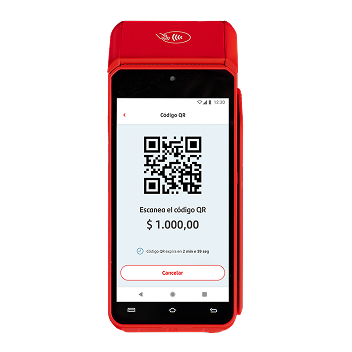 Terminal roja de Getnet mostrando código QR generado.