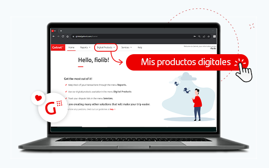 Laptop mostrando el Getnet Portal con sección 'Mis productos digitales' destacada y cursor en forma de mano simulando clic