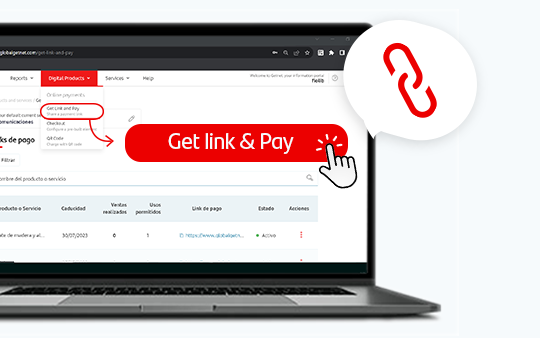Laptop mostrando el Getnet Portal en la sección 'Digital Products', con botón rojo 'Get link & Pay' destacado y cursor en forma de mano simulando clic