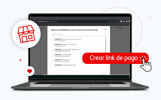 Laptop mostrando el Getnet Portal con pantalla para definir afiliación y botón rojo 'Crear link de pago' destacado, con cursor simulando clic