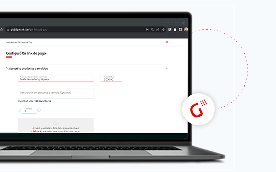 Laptop mostrando el Getnet Portal con pantalla para configurar link de pago, incluyendo campos para producto, descripción y monto