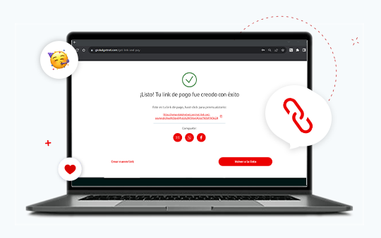 Laptop mostrando la confirmación de creación de un link de pago en el Getnet Portal, con un ícono de verificación verde y opciones para compartir el enlace