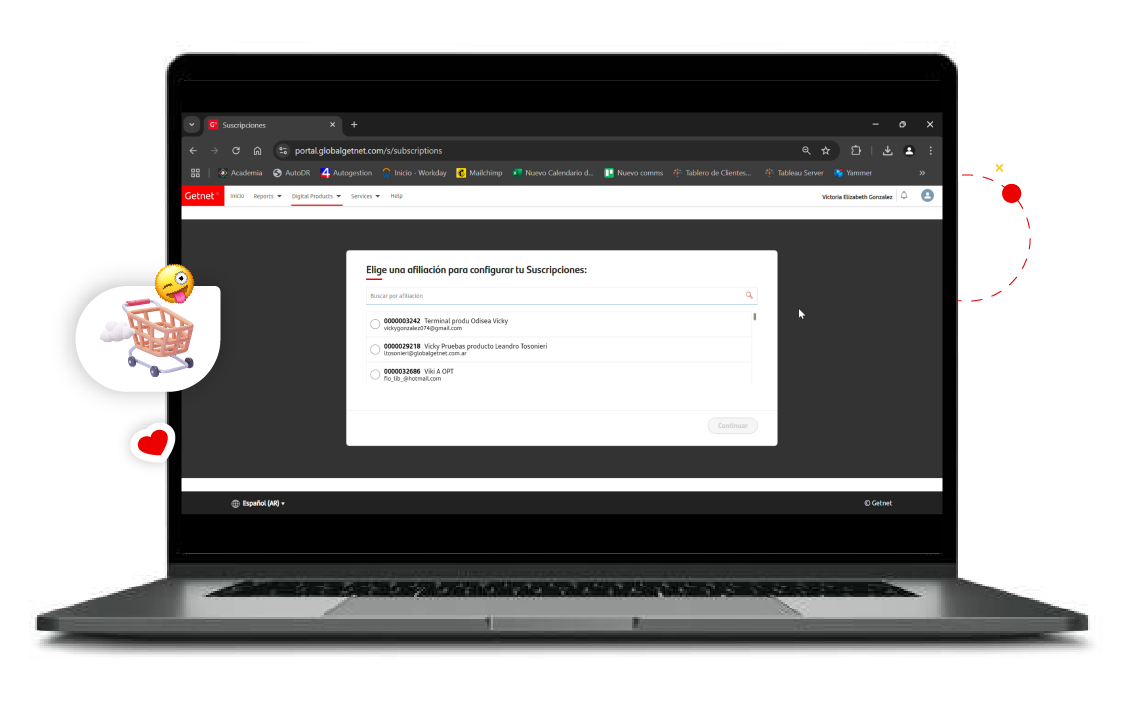 Laptop mostrando el Getnet Portal con la opción para elegir una afiliación y configurar suscripciones.