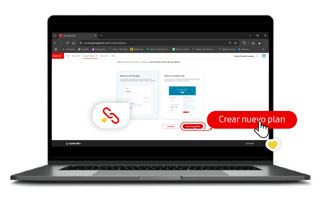 Laptop mostrando el Getnet Portal con la opción para crear un nuevo plan. Se destaca el botón rojo 'Crear nuevo plan' y dos ejemplos de páginas de pago.