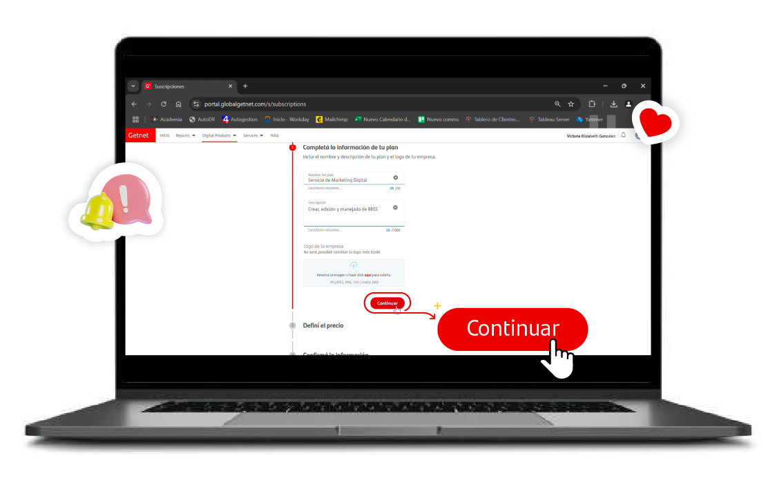 Laptop mostrando el Getnet Portal con el formulario para completar información del plan. Se destaca el botón rojo 'Continuar' en la parte inferior.