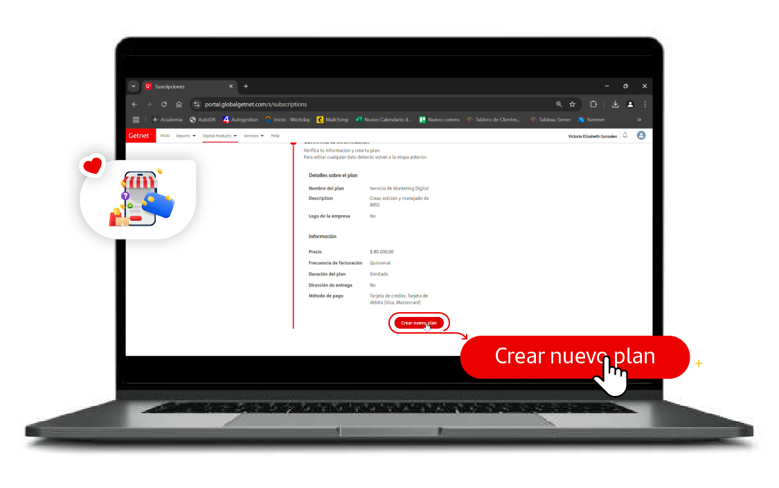 Laptop mostrando el Getnet Portal con el resumen del plan creado. Se destaca el botón rojo 'Crear nuevo plan' en la parte inferior.