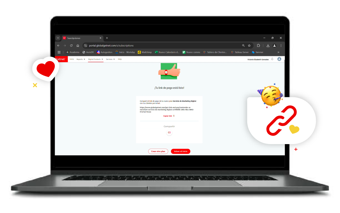 Laptop mostrando el Getnet Portal con mensaje de confirmación del plan creado. Se observa el link de pago del plan para compartir, junto a botones para crear uno nuevo o volver al inicio.