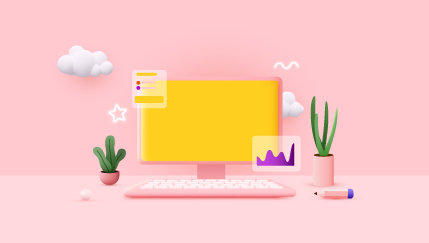 Ilustración de una computadora de escritorio con monitor amarillo y teclado rosa sobre fondo rosado. Alrededor hay dos macetas con plantas, una nube, gráficos flotantes y un lápiz.