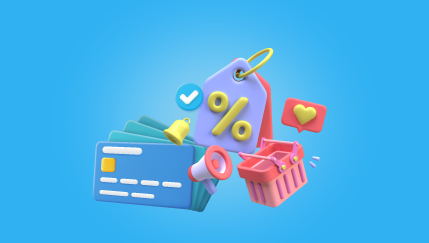 Ilustración sobre fondo azul con tarjetas de crédito, una etiqueta con símbolo de porcentaje, un carrito de compras rosa, un megáfono y un ícono de corazón en un cuadro de diálogo.