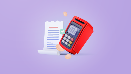 Ilustración de una terminal de pago roja junto a un comprobante con marcas de texto y un ícono de verificación sobre fondo violeta.