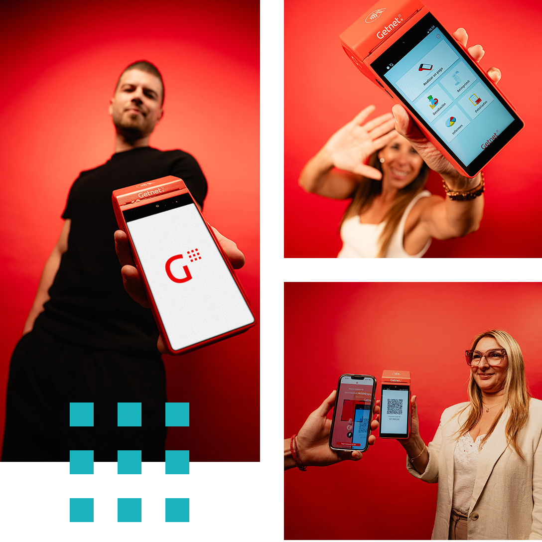 Composición de tres fotografías con personas mostrando terminales de cobro Getnet sobre un fondo rojo.