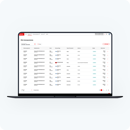 Notebook con Getnet Portal abierto mostrando el listado de transacciones.