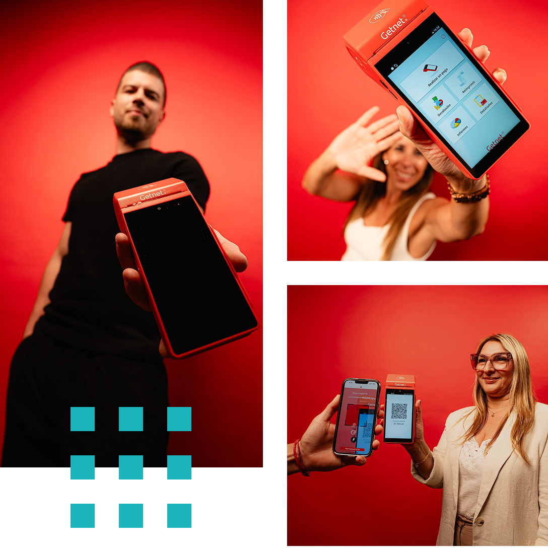 Composición de tres fotografías con personas mostrando terminales de cobro Getnet sobre un fondo rojo.
