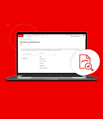Laptop mostrando el Getnet Portal en la sección 'Resumen de liquidaciones', con opciones para filtrar fechas y botón para aplicar. Sobre fondo rojo, aparece un ícono rojo de documento con gráfico y lupa dentro de un globo.