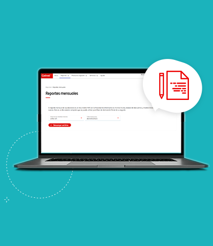 Laptop mostrando el Getnet Portal en la sección de reportes mensuales, con botón rojo para descargar archivo. Sobre fondo turquesa, aparece un ícono rojo de documento y lápiz dentro de un globo.