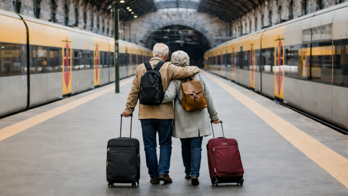 Dos personas caminando por un andén de tren, cada una con una valija, con trenes estacionados a ambos lados.