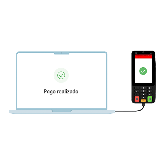 Laptop y TPV conectados, confirmando realización de pago completado