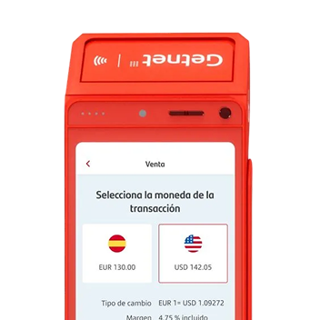TPV Get Smart mostrando la selección de moneda de la transacción
